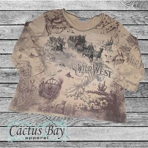 Cactus Bay Women's Wild West 3/4 Sleeve Shirt Y2K Rhinestone Cowgirl Tan‎ XXL